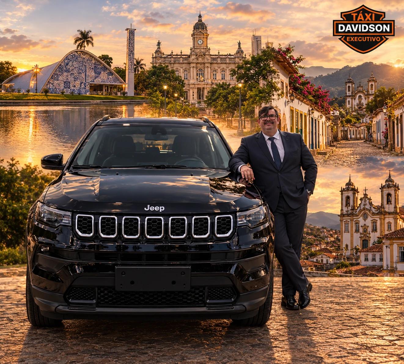 Davidson ao lado do carro executivo preto, com Pampulha e cidades históricas de Minas ao fundo